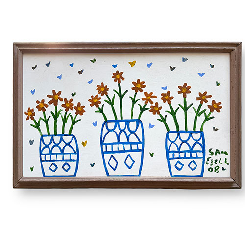 Sam Ezell 44x29 Rusty Flowers in Blue Vases on Wood WP4709